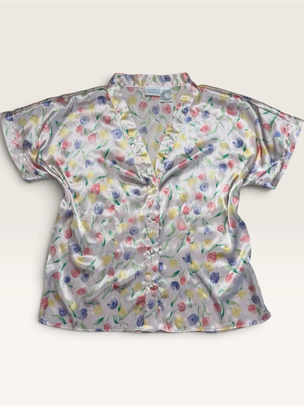 Vintage Secret Treasures Satin Floral Pajama Top XL Y2K Pastel Tulips